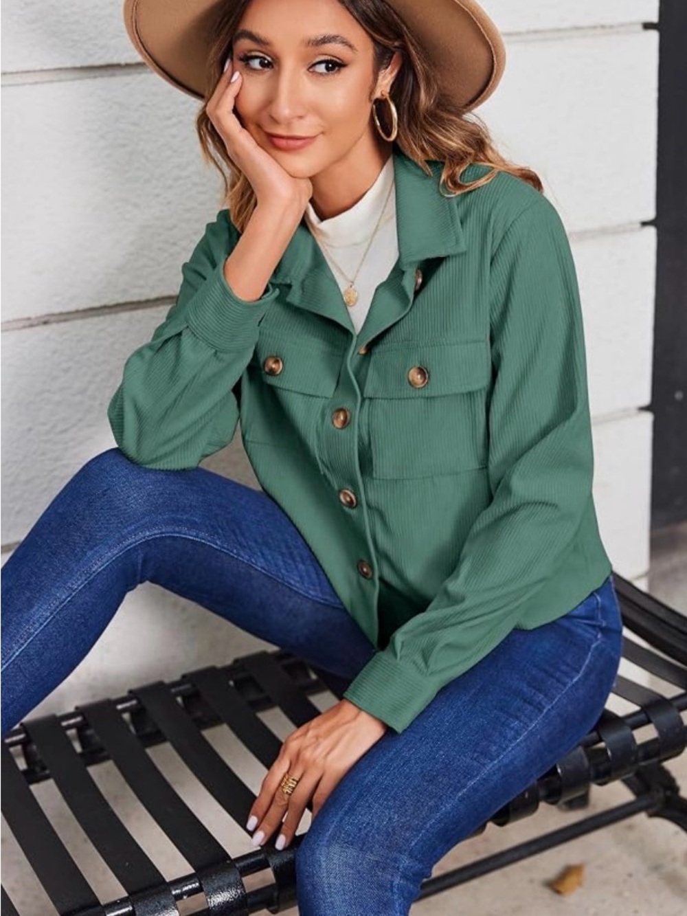 Zeagoo Dusty Eucalyptus Green Cropped Utility Jacket with Tortoiseshell Buttons